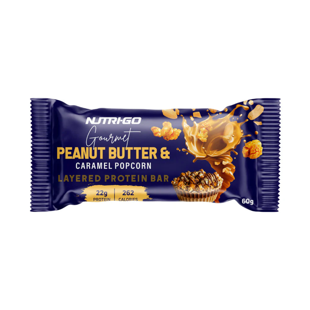 NutriGO Peanut Butter & Caramel Popcorn protein bar packaging on a white background Muscle Mecca