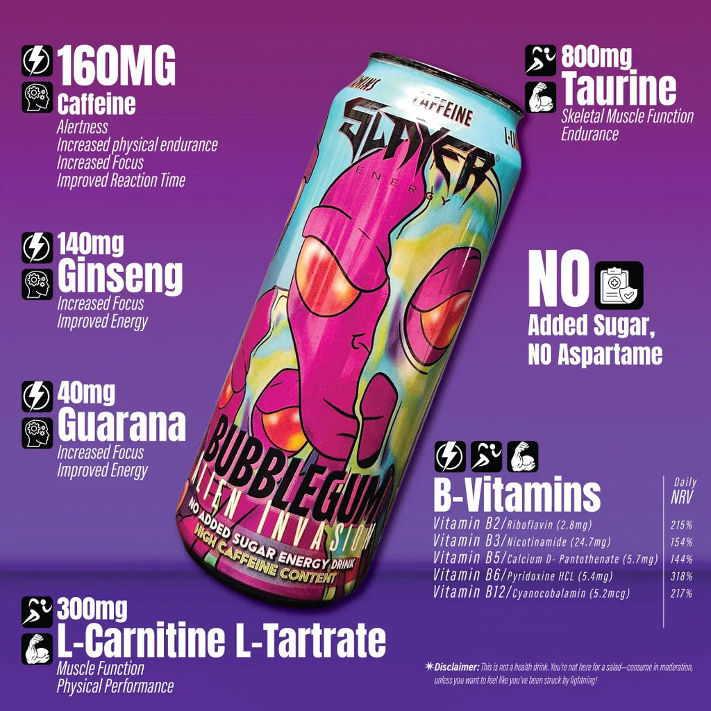 Energy drink can with colorful design on a purple background, featuring nutritional information. Muscle Mecca