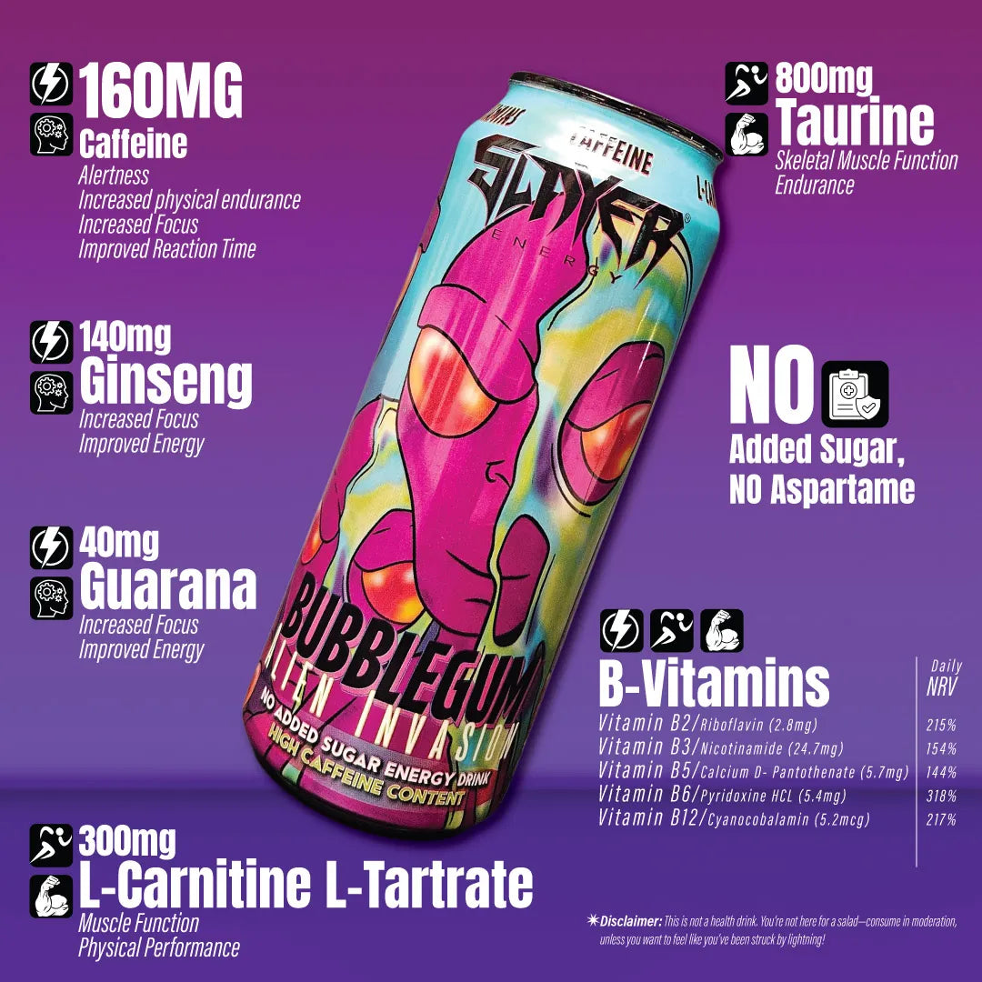 Energy drink can with colorful design on a purple background, featuring nutritional information. Muscle Mecca