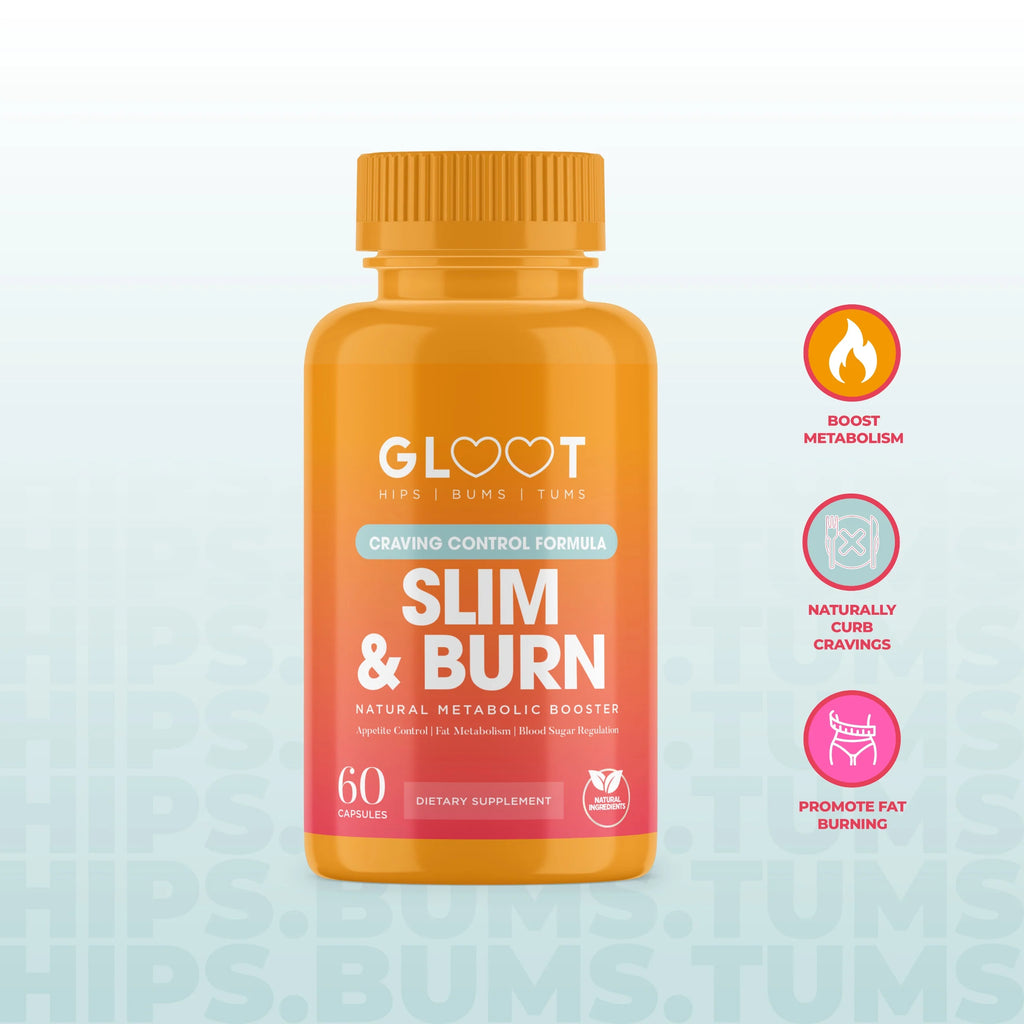 Supplement bottle labeled 'Slim & Burn' with icons on a light blue background Muscle Mecca
