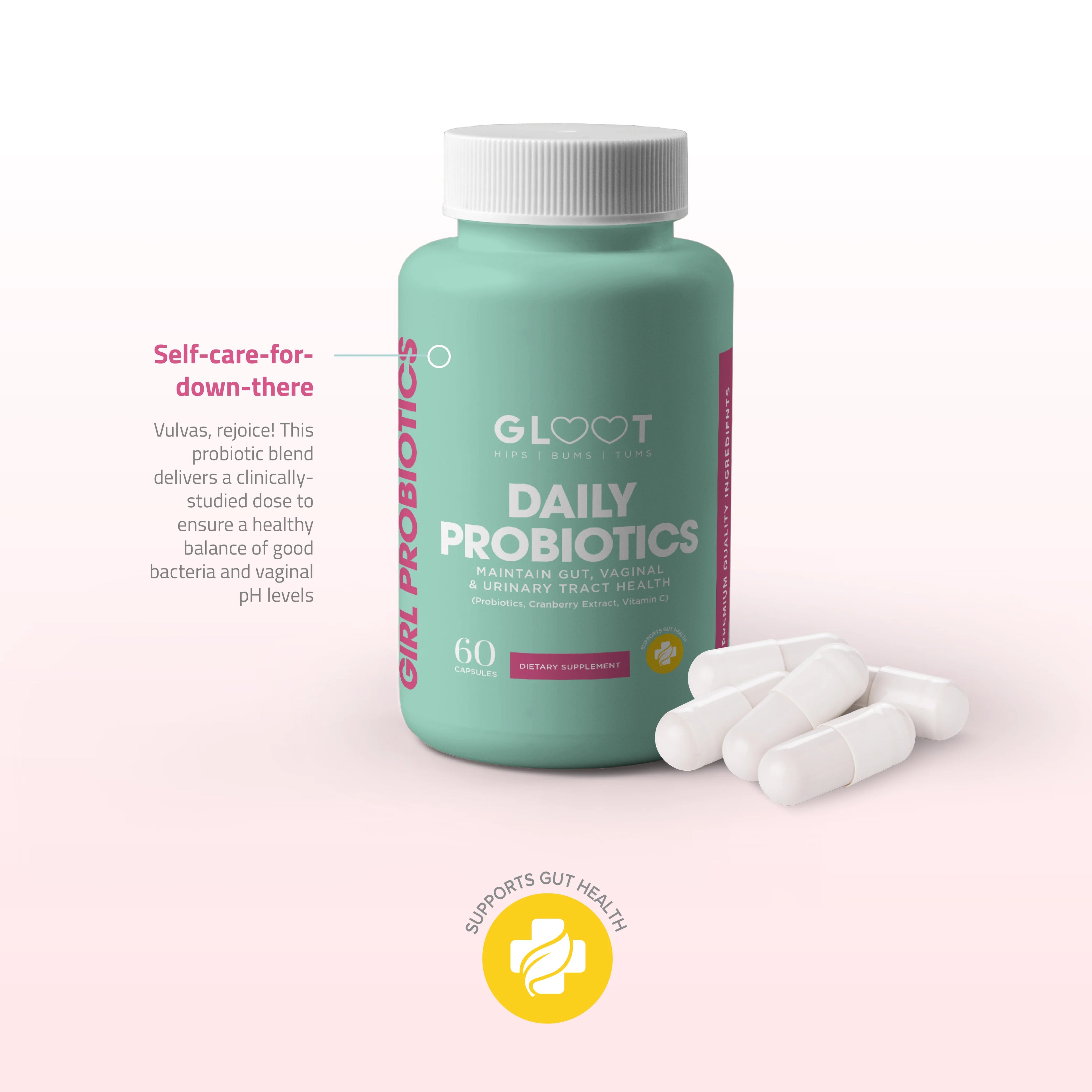Green bottle of GLOOT Daily Probiotics with white capsules on a light pink background Muscle Mecca