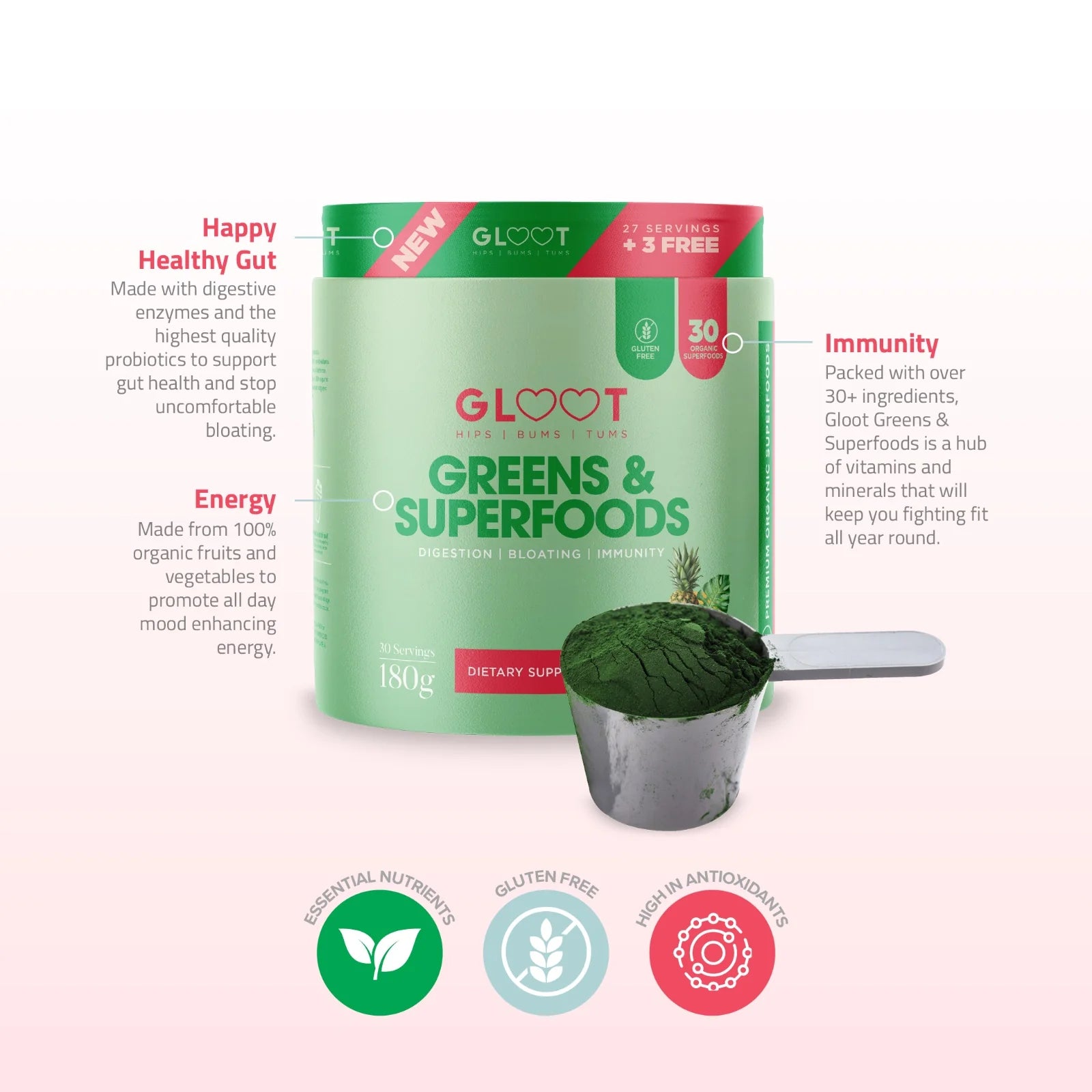 Gloot Greens & Superfoods dietary supplement packaging with a scoop of green powder on a white background. Muscle Mecca