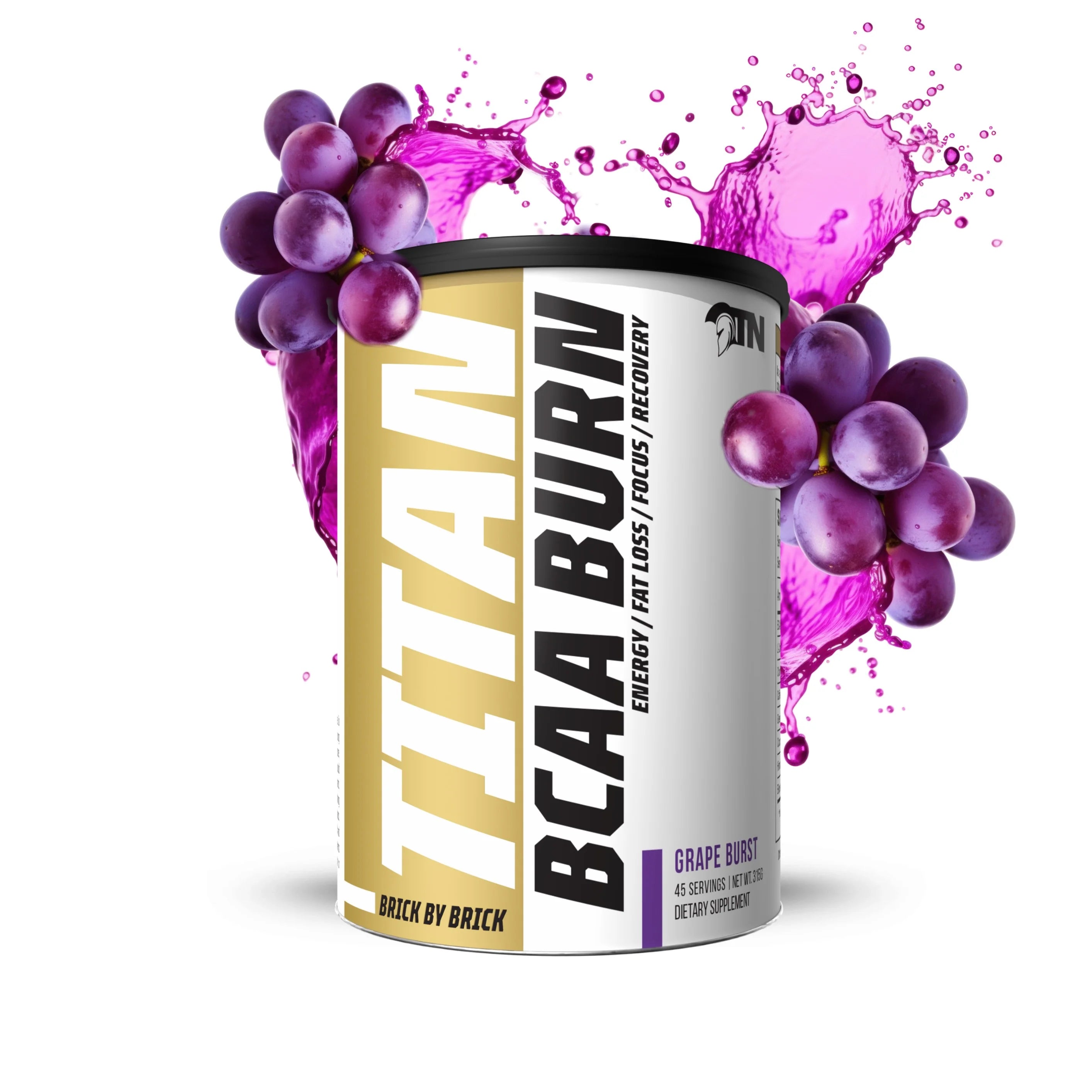 Titan BCAA Burn supplement container with grape flavor on a white background Muscle Mecca