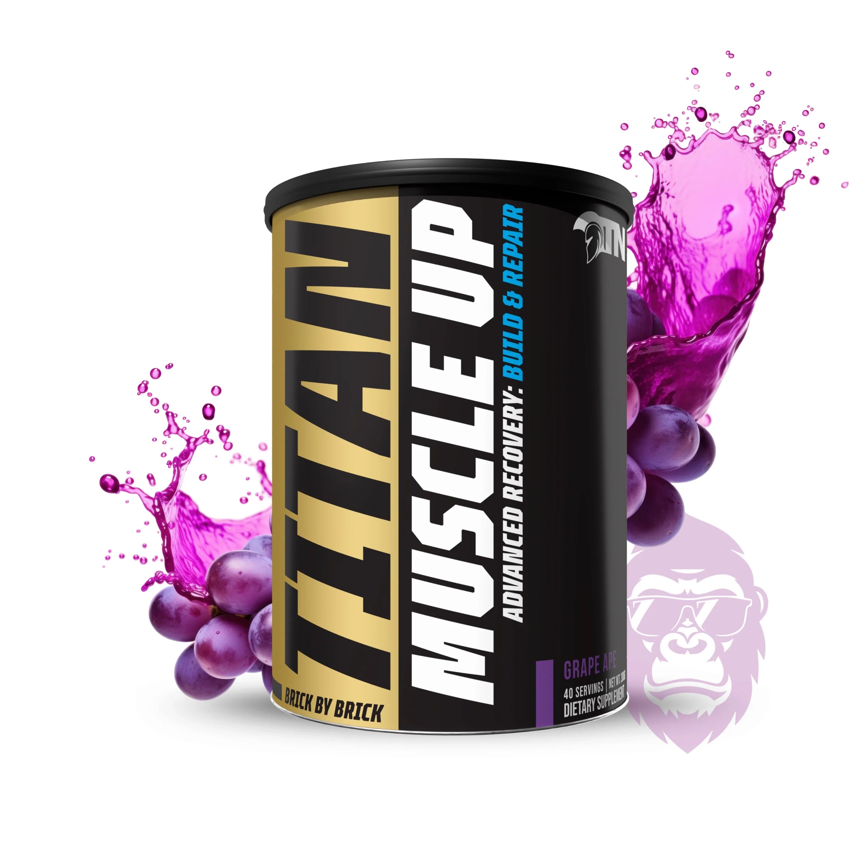 Titan Muscle Up supplement container with purple grapes and liquid splash on a white background Muscle Mecca