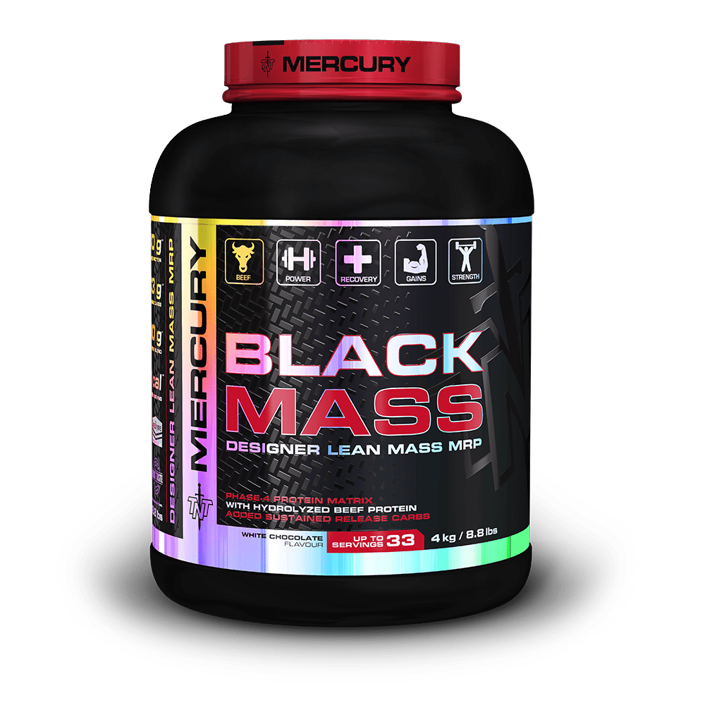 Black Mass supplement container with red and white label on a black background Muscle Mecca