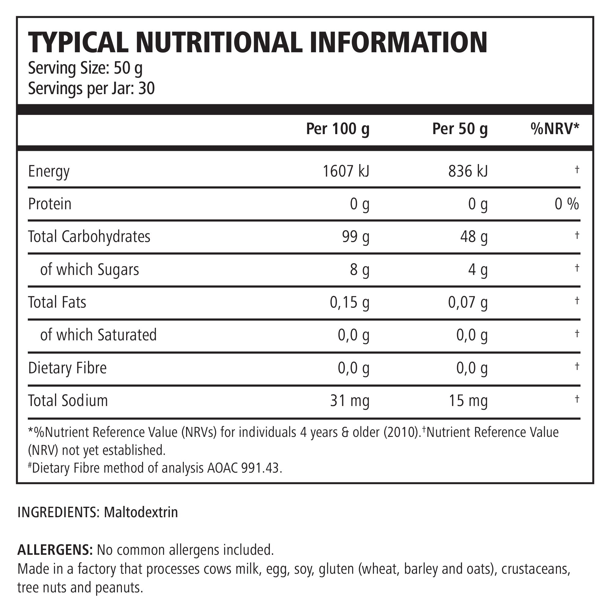 Nutritional information label for a product with serving size, calories, and ingredient details.