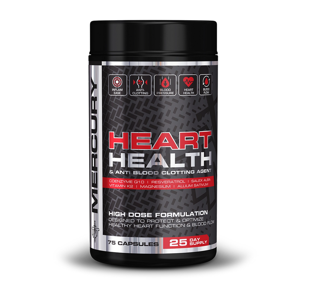 Supplement container labeled 'Heart Health' on a white background Muscle Mecca