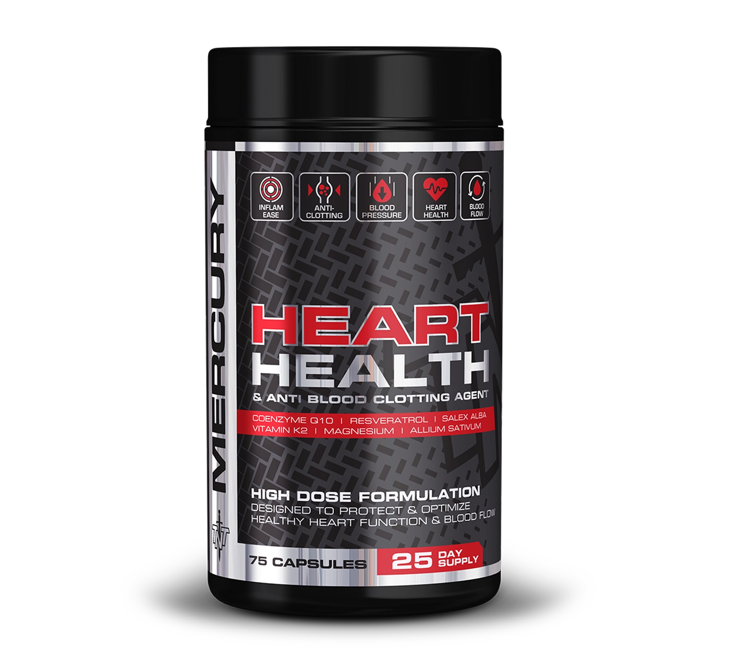 Supplement container labeled 'Heart Health' on a white background Muscle Mecca
