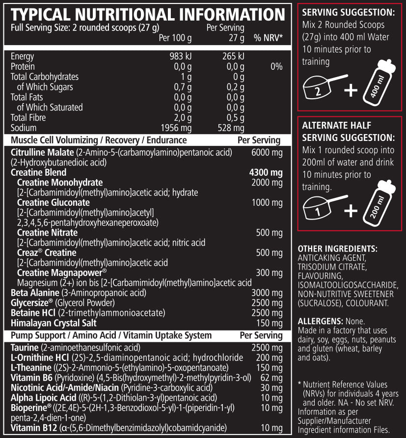 Nutritional information label for a supplement with serving suggestions and ingredient list.