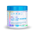 Container of Pure L-Glutamine amino acid supplement with blue lid on a white background Muscle Mecca