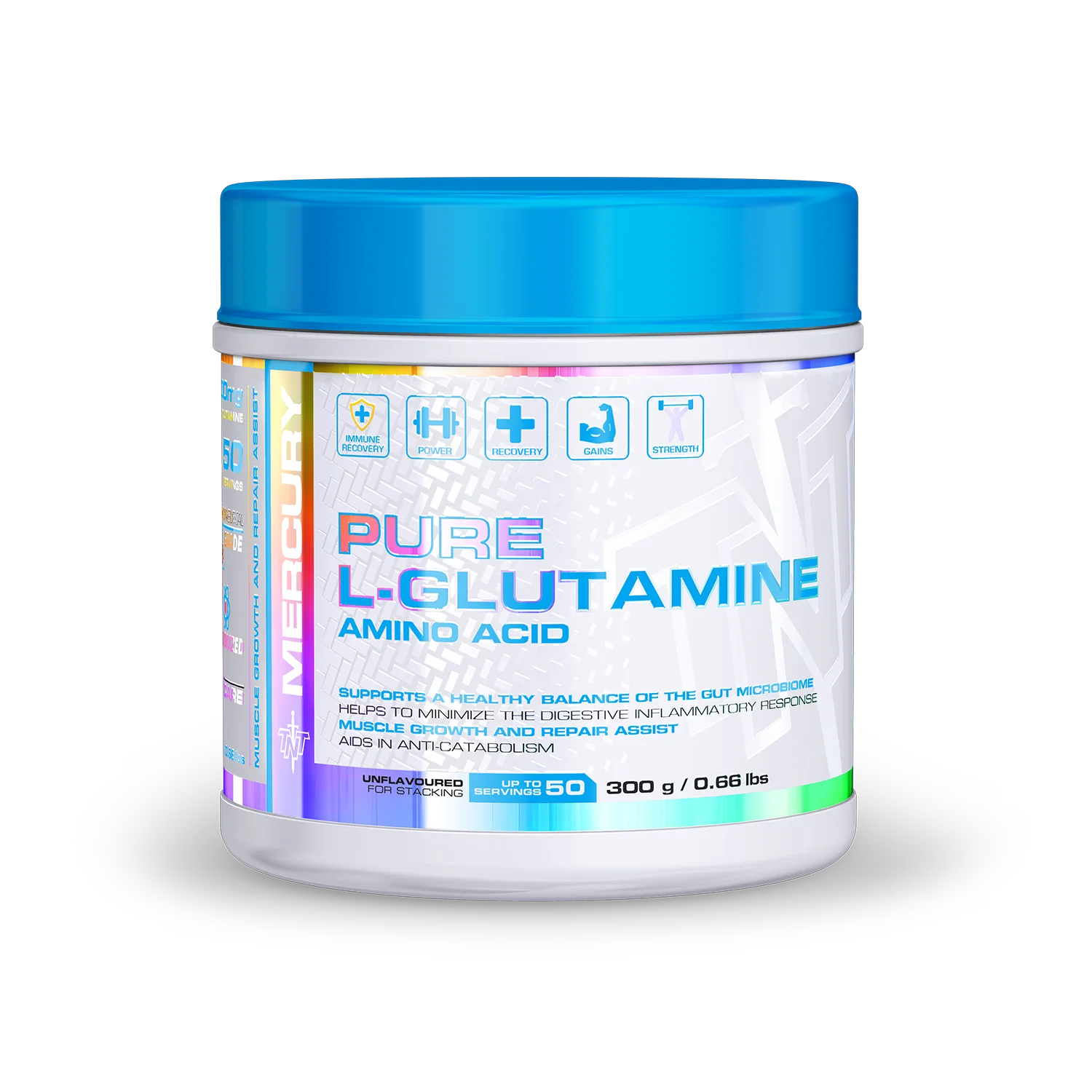 Container of Pure L-Glutamine amino acid supplement with blue lid on a white background Muscle Mecca