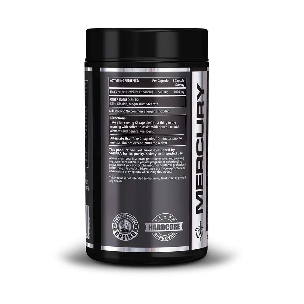 Black supplement bottle with white label on a white background Muscle Mecca