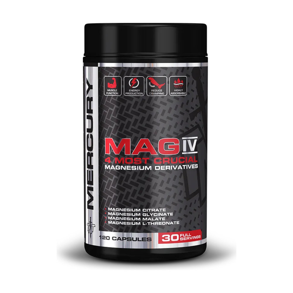 Supplement bottle labeled 'MAG IV' by Mercury on a white background Muscle Mecca