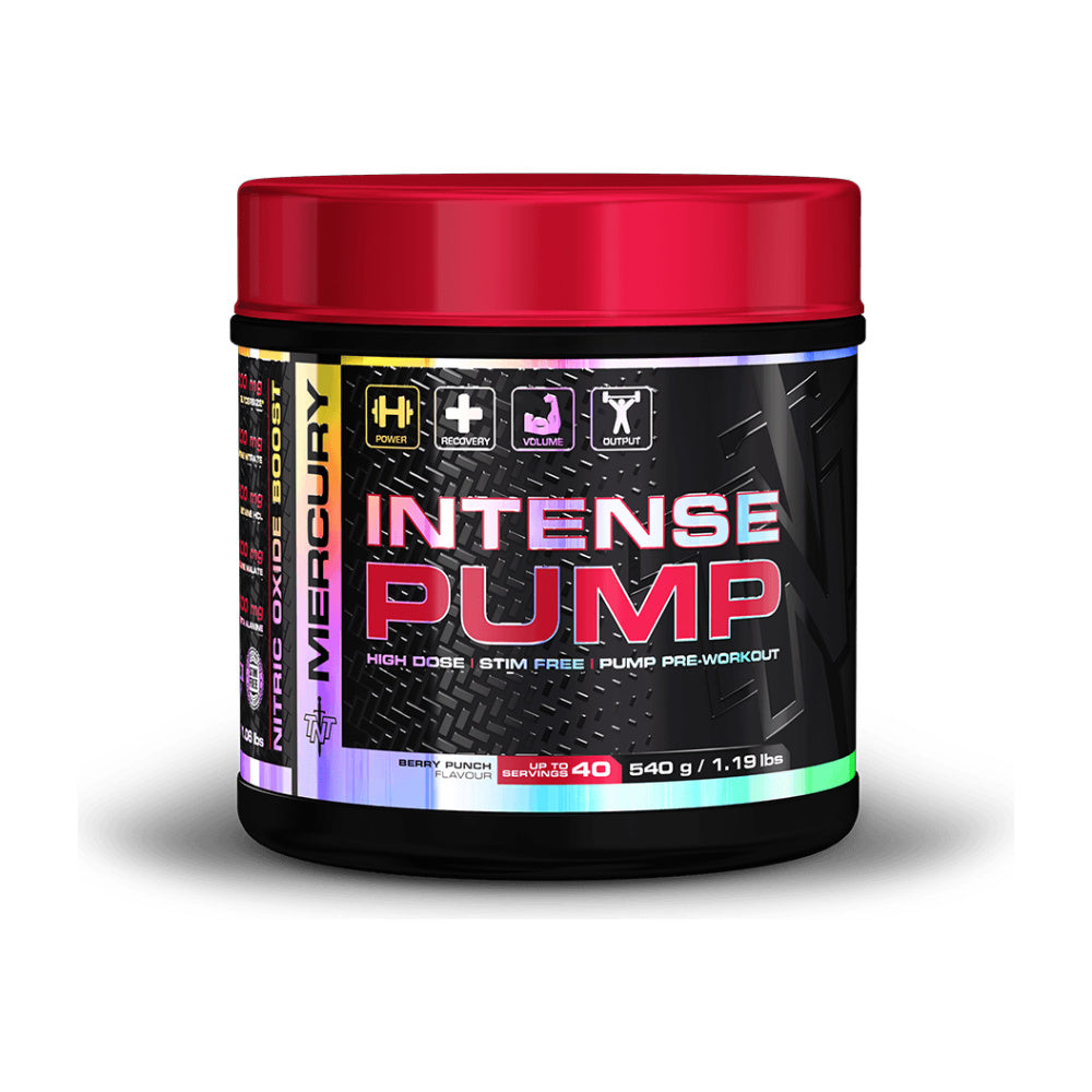 Pre-workout supplement container labeled 'Intense Pump' by Mercury on a white background Muscle Mecca