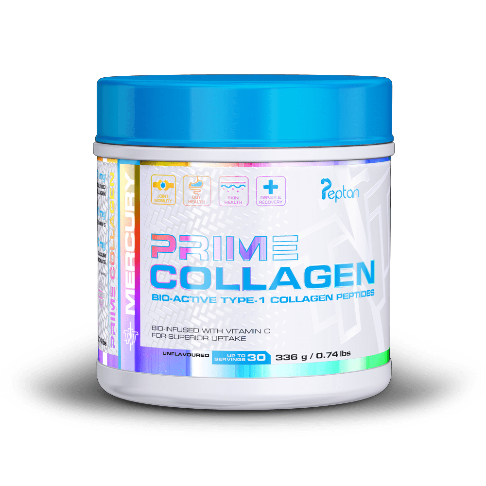 Container of Prime Collagen with blue lid on a white background Muscle Mecca