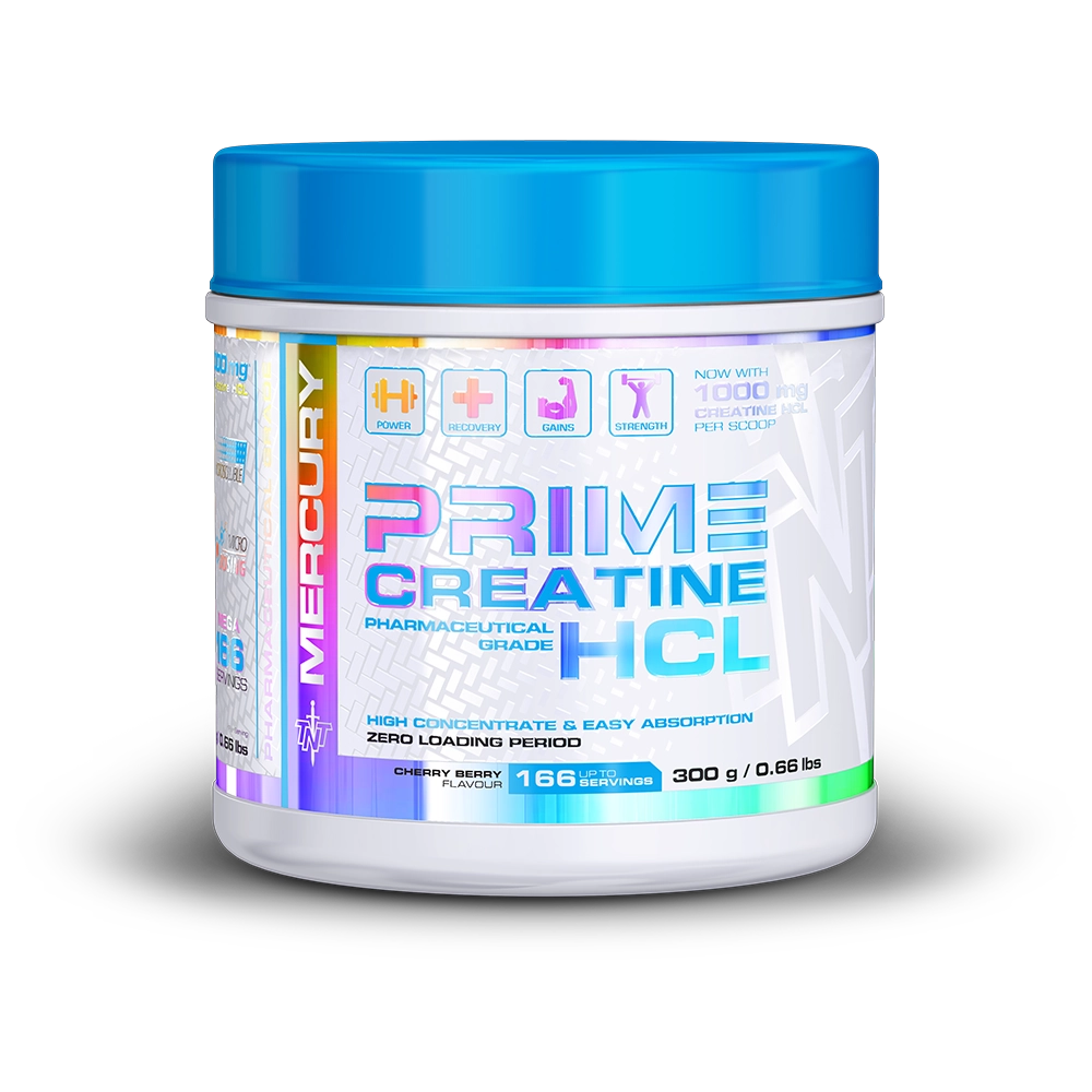 Container of Mercury Prime Creatine HCL on a white background Muscle Mecca