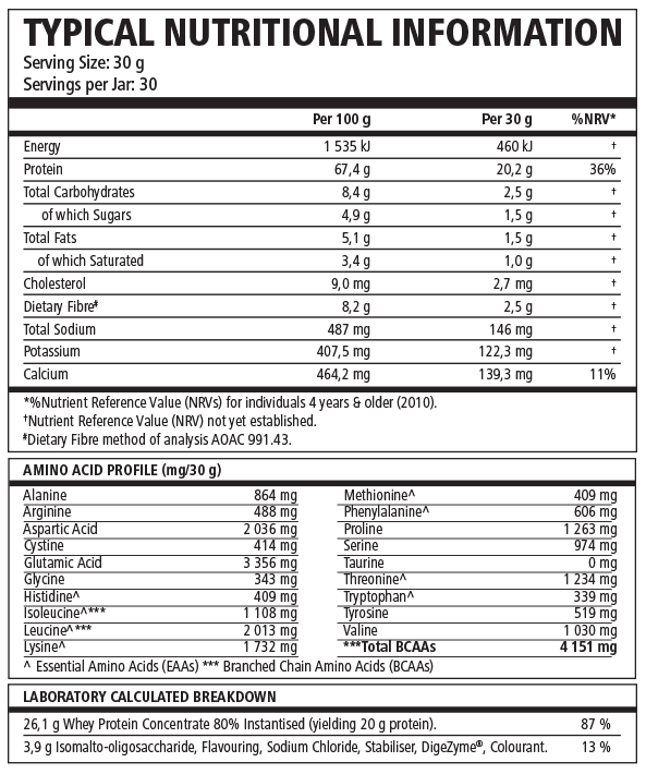 Nutritional information label for a product on a black background
