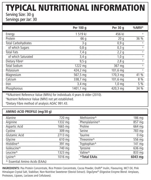 Nutritional information and amino acid profile for a product on a white background Muscle Mecca