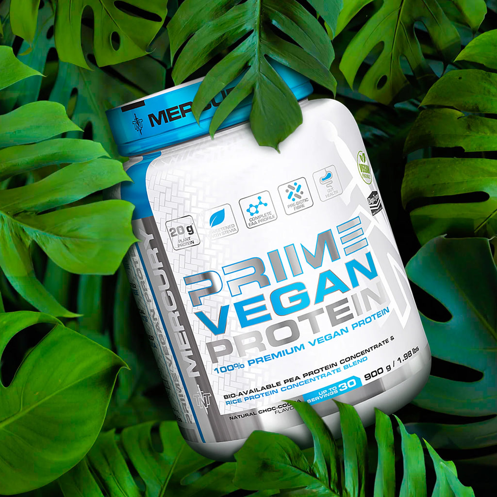 Vegan protein supplement container with green leaves in the background Muscle Mecca