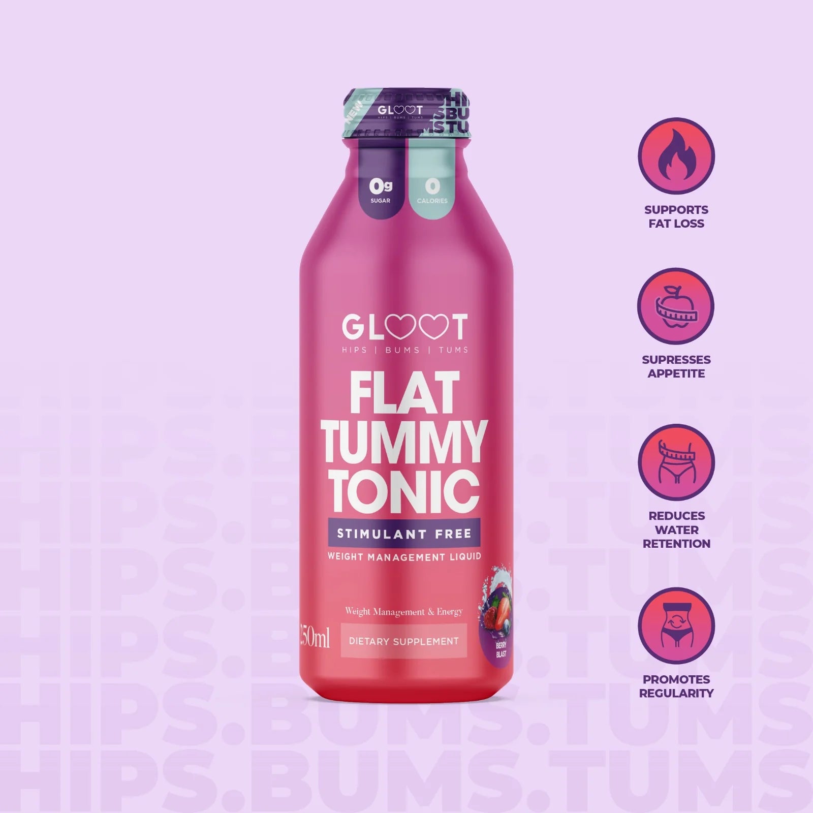 Bottle of Gloot Flat Tummy Tonic on a purple background with icons and text. Muscle Mecca