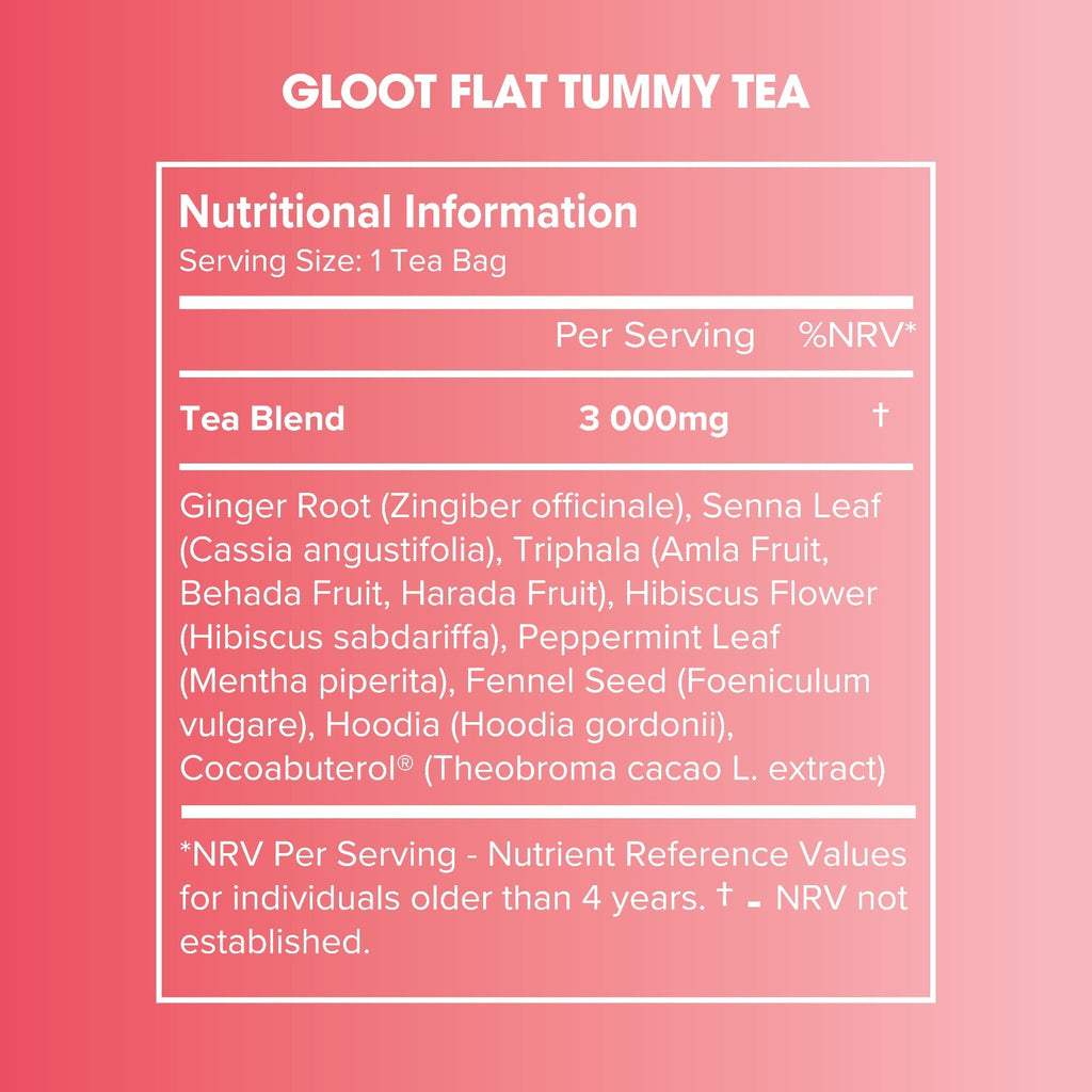 Nutritional information label for GLOOT Flat Tummy Tea on a pink background Muscle Mecca