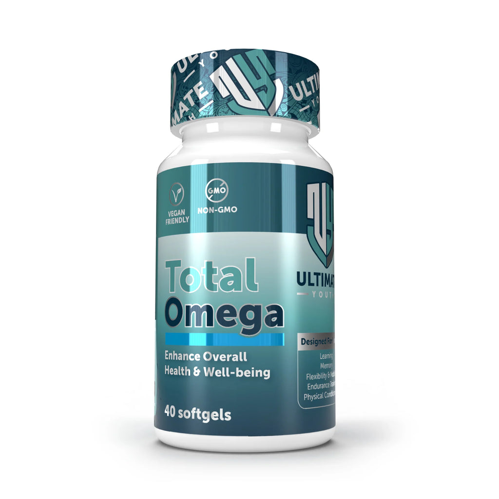 Bottle of Total Omega supplements with a white background