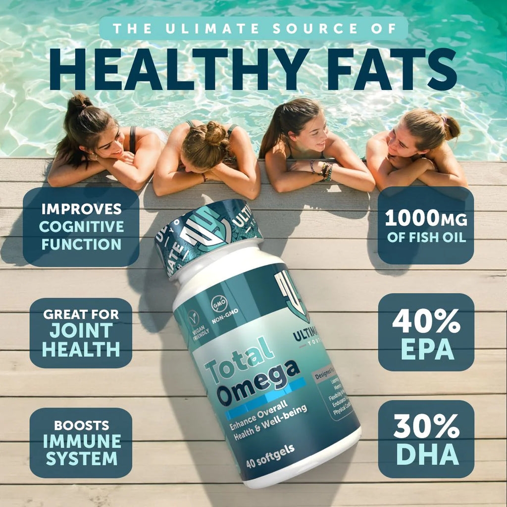 Total Omega supplement bottle with health benefits listed by poolside
