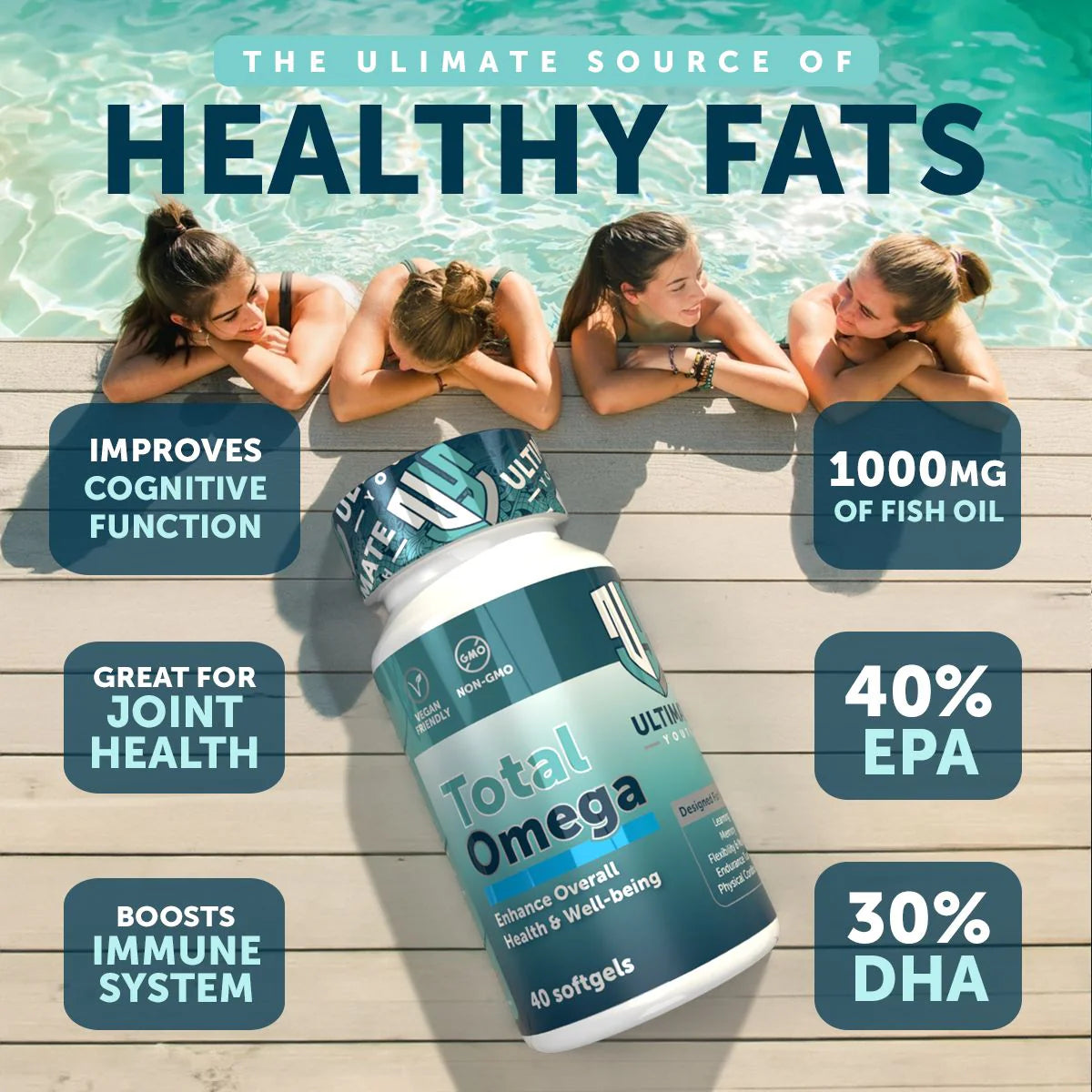 Total Omega supplement bottle with health benefits listed by poolside