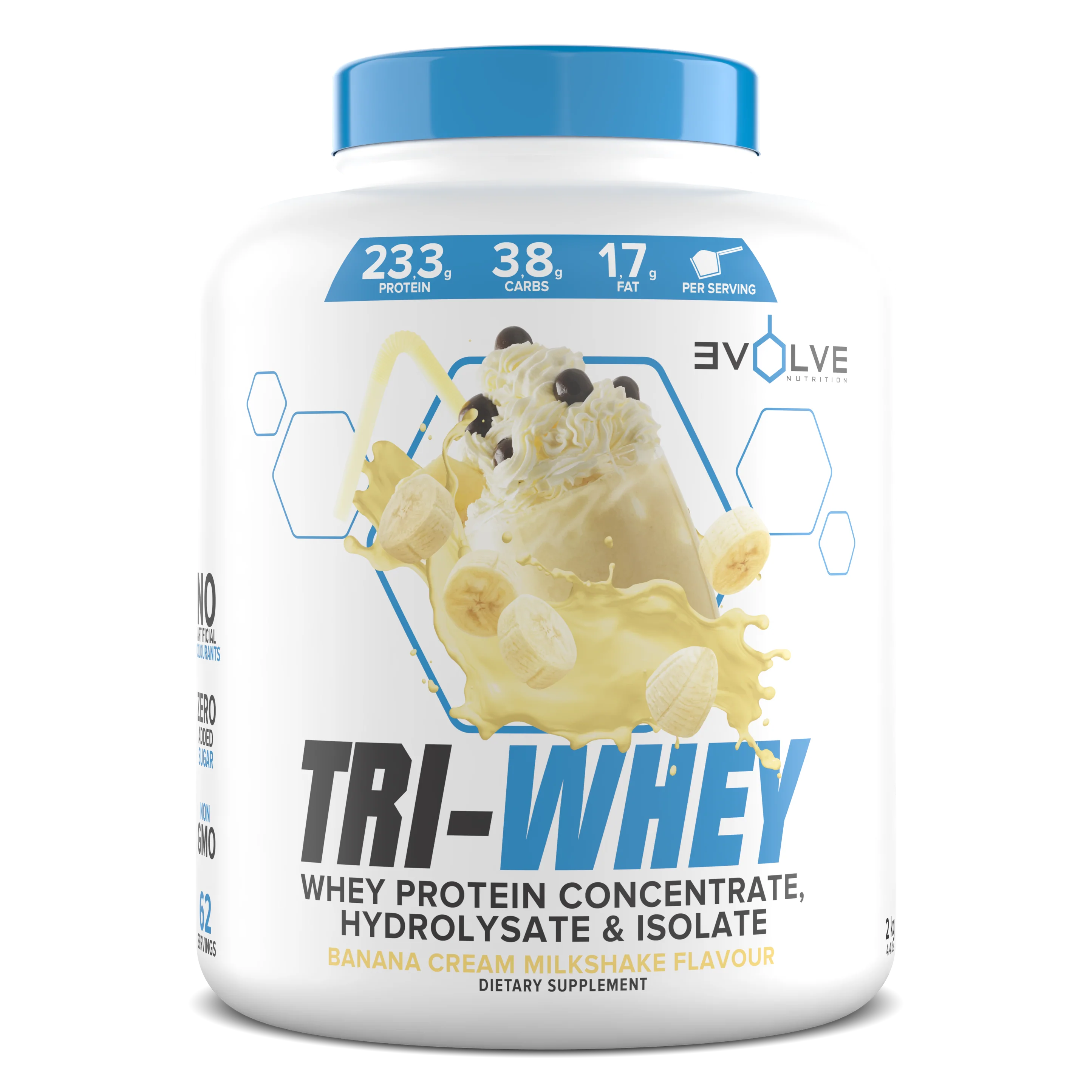 Tri-Whey protein supplement container with banana cream flavor on a white background Muscle Mecca