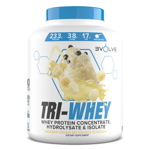 Tri-Whey protein supplement container with banana cream flavor on a white background Muscle Mecca