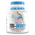 Tri-Whey protein supplement container with birthday cupcake flavor on a white background Muscle Mecca