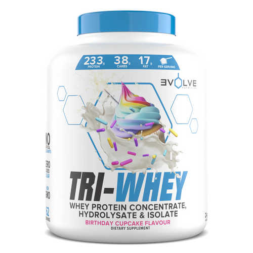 Tri-Whey protein supplement container with birthday cupcake flavor on a white background Muscle Mecca