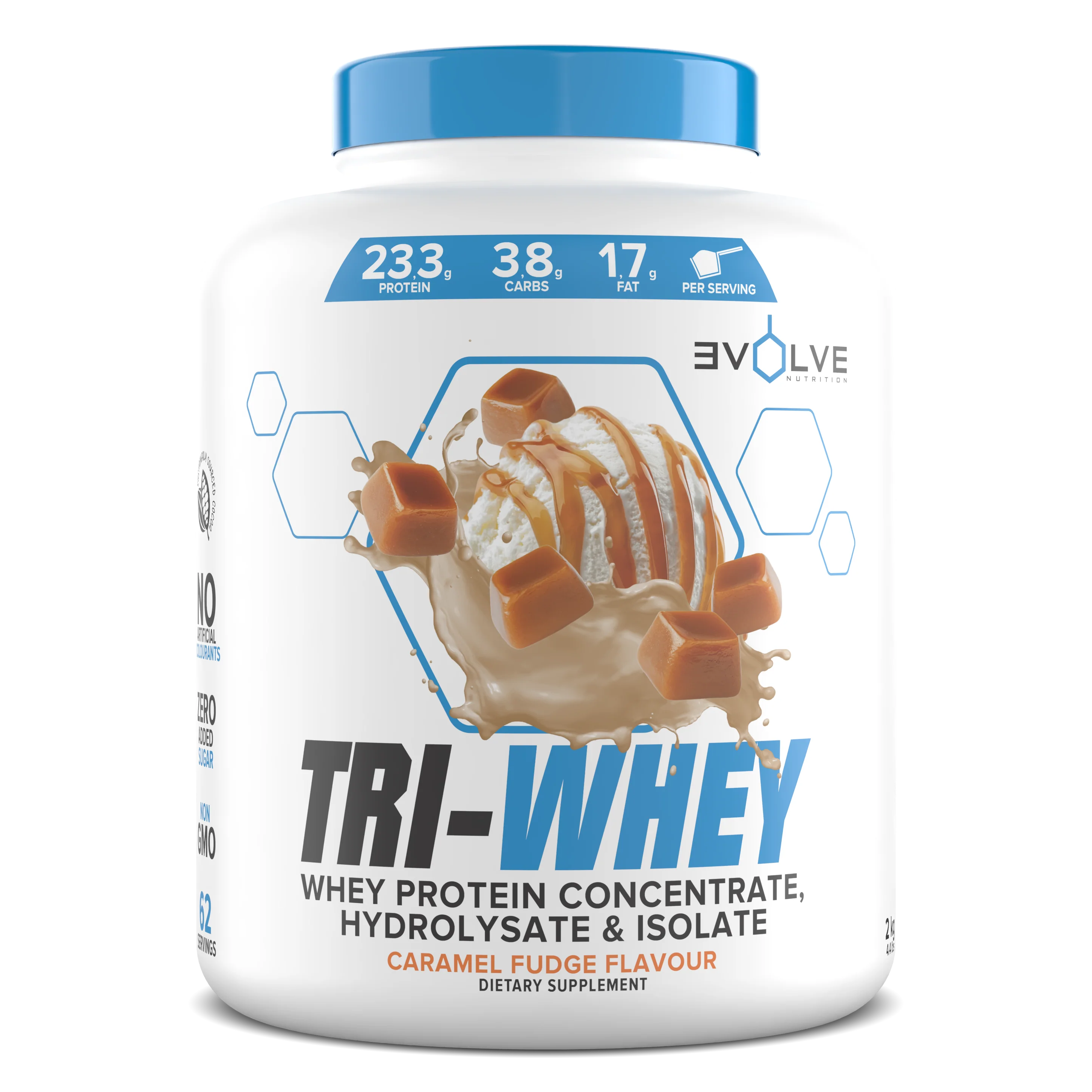 Tri-Whey protein supplement container with caramel fudge flavor on a white background Muscle Mecca