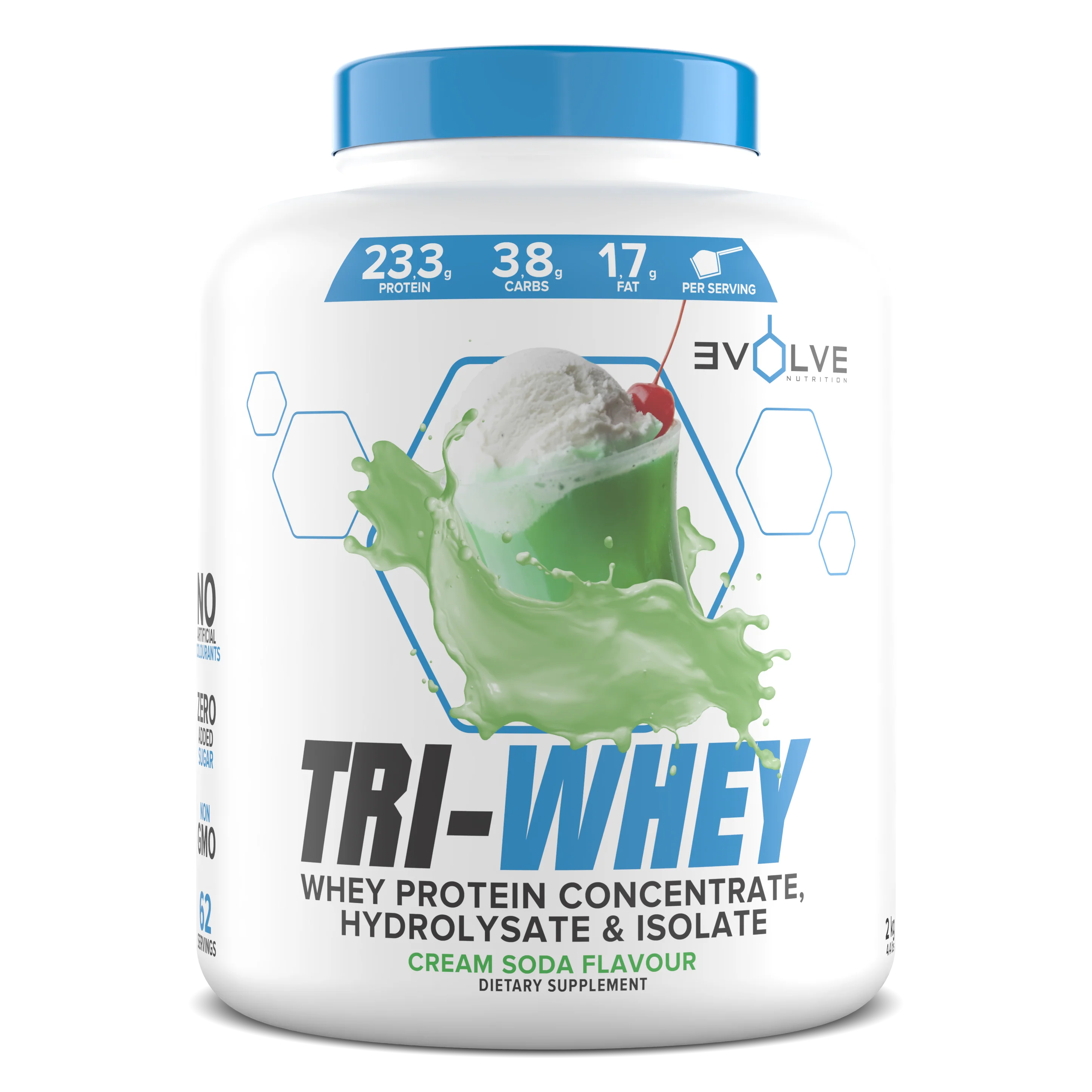 Tri-Whey protein supplement container with green flavor illustration on a white background Muscle Mecca