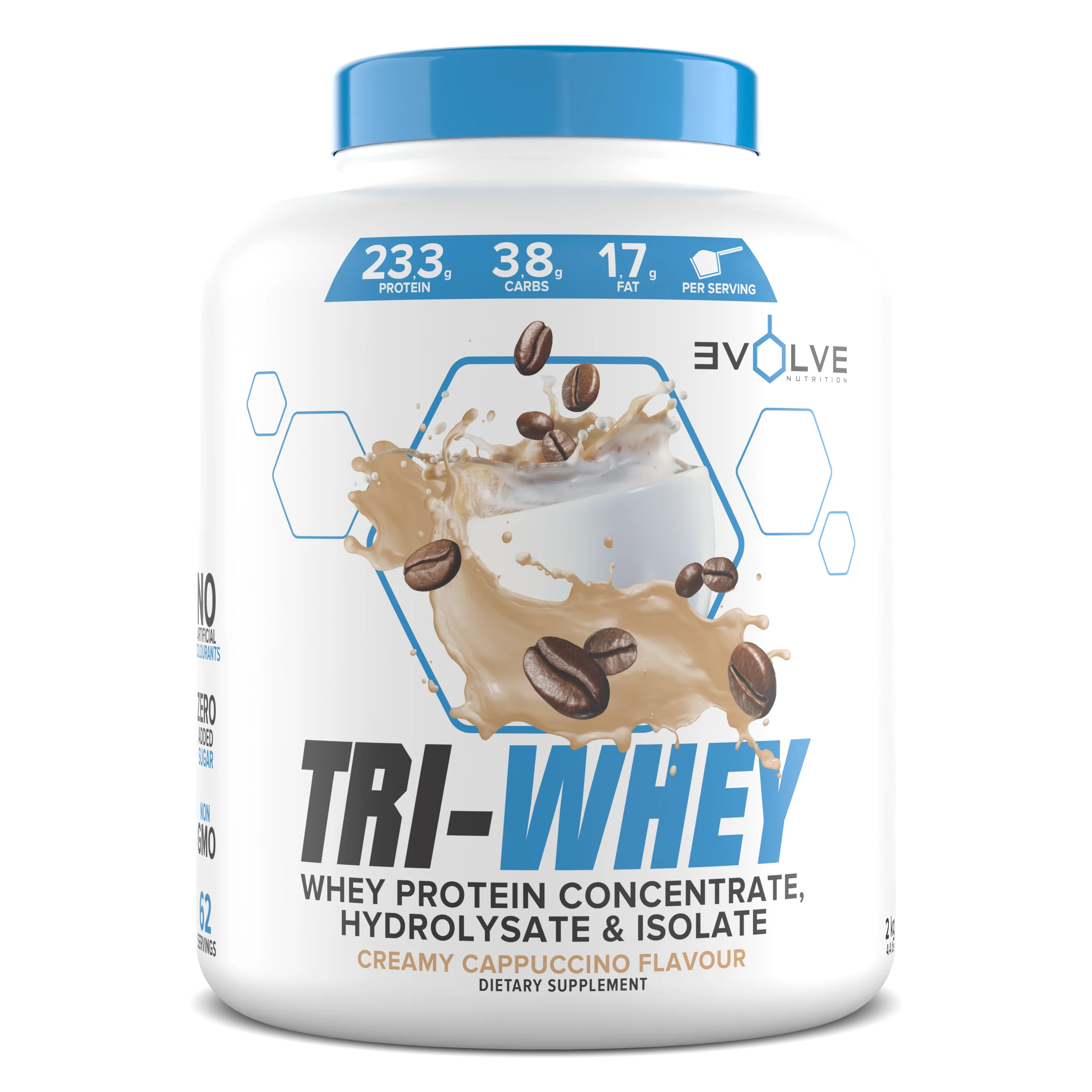 Tri-Whey protein supplement container with blue cap and coffee bean design on a white background Muscle Mecca