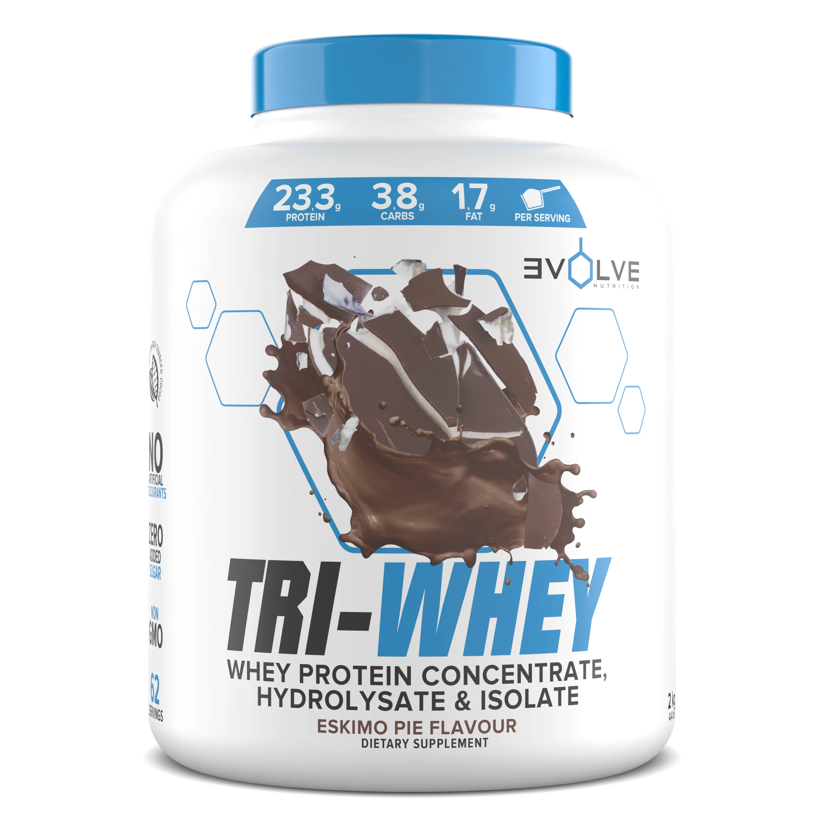 Tri-Whey protein supplement container with chocolate flavor on a white background Muscle Mecca