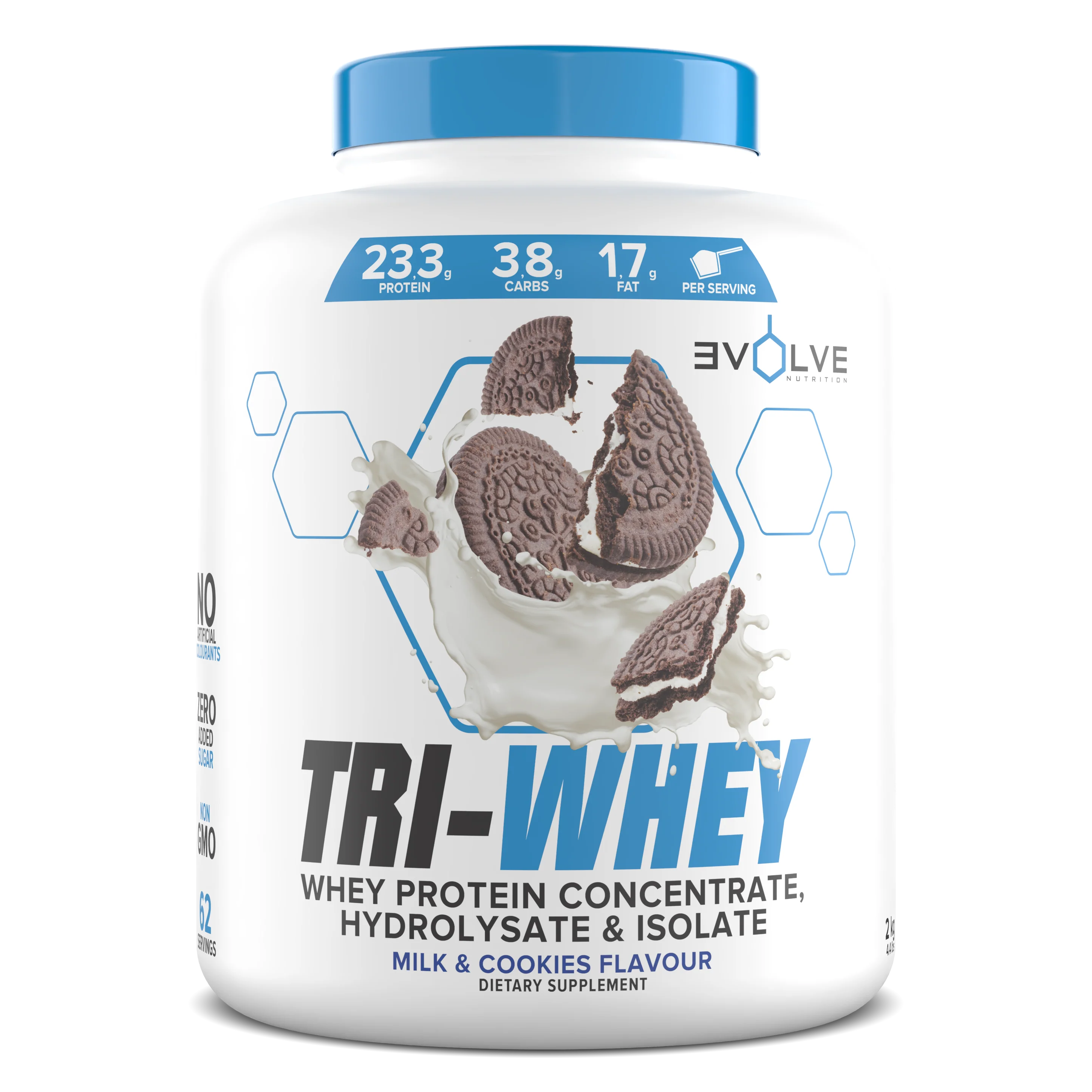 Tri-Whey protein supplement container with blue cap and cookie flavor illustration on a white background Muscle Mecca