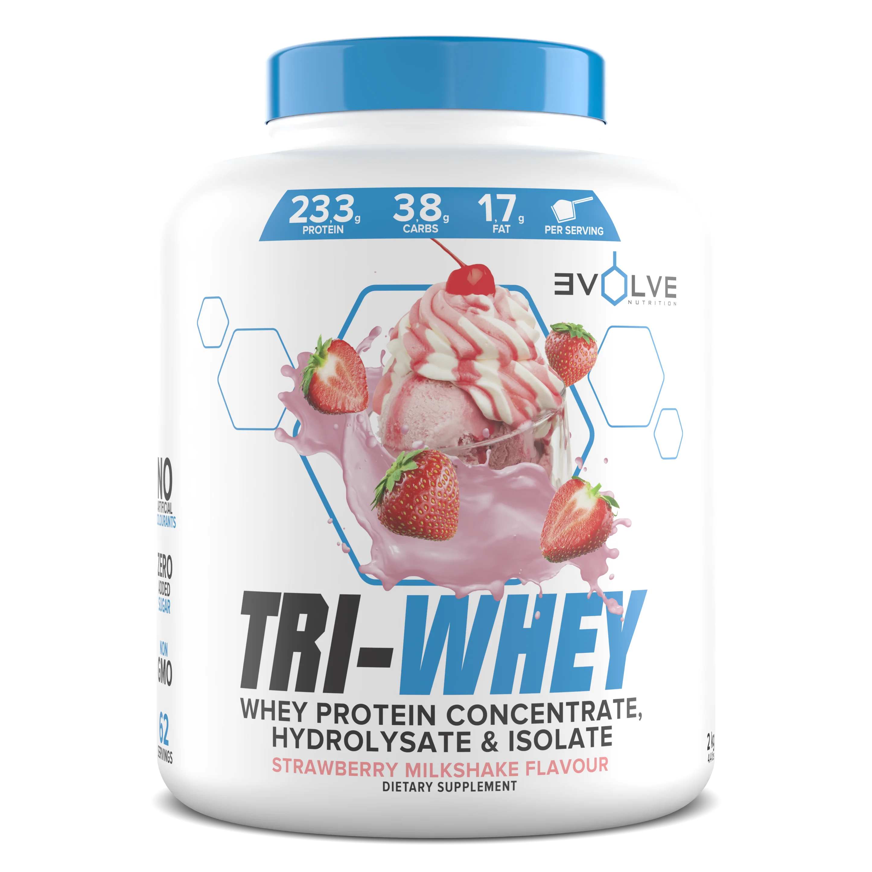 Tri-Whey protein supplement container with strawberry milkshake flavor on a white background Muscle Mecca