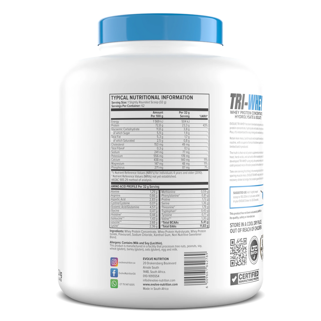 Back view of a Tri-Whey protein powder container with nutritional information and certification logos. Muscle Mecca