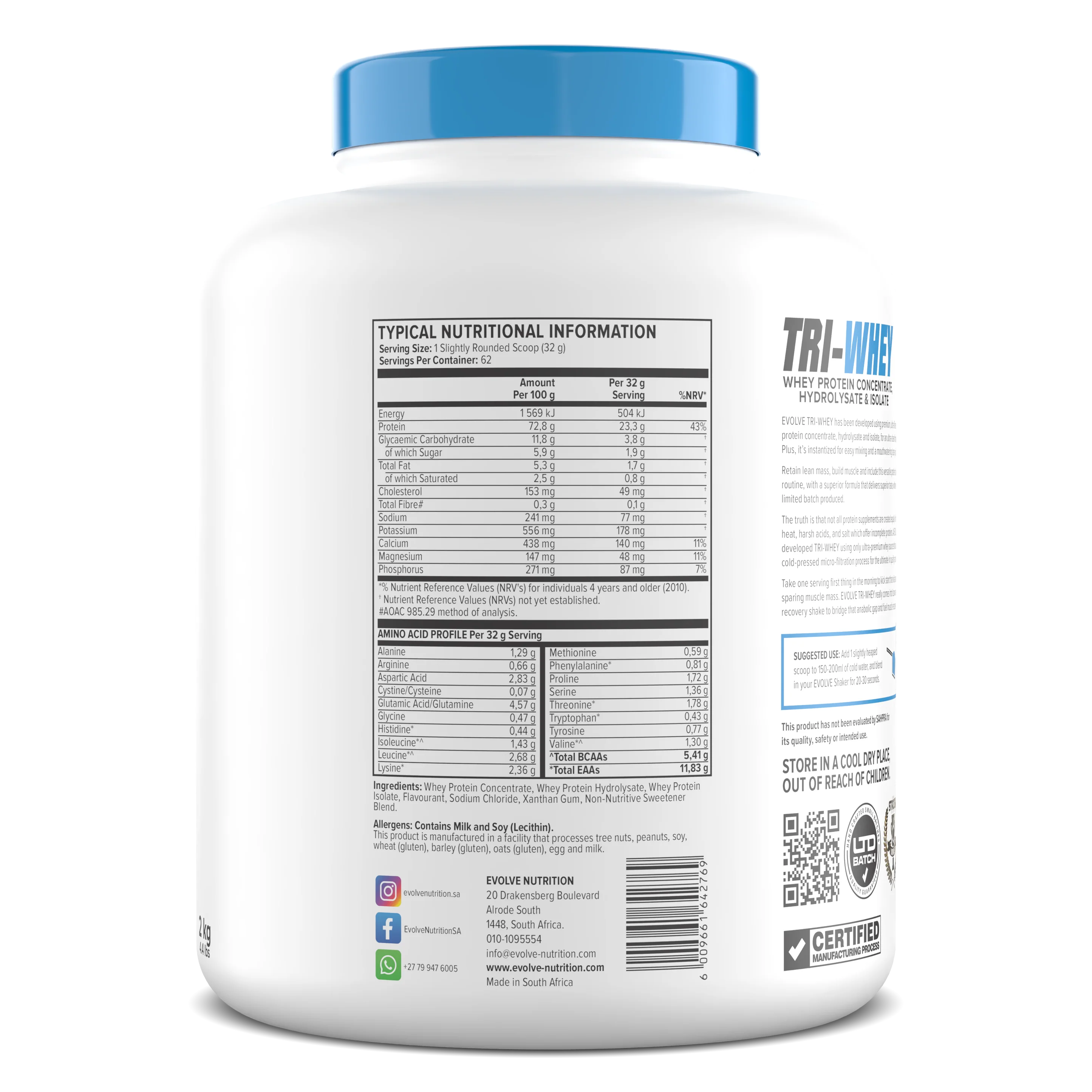 Back view of a Tri-Whey protein powder container with nutritional information and certification logos. Muscle Mecca