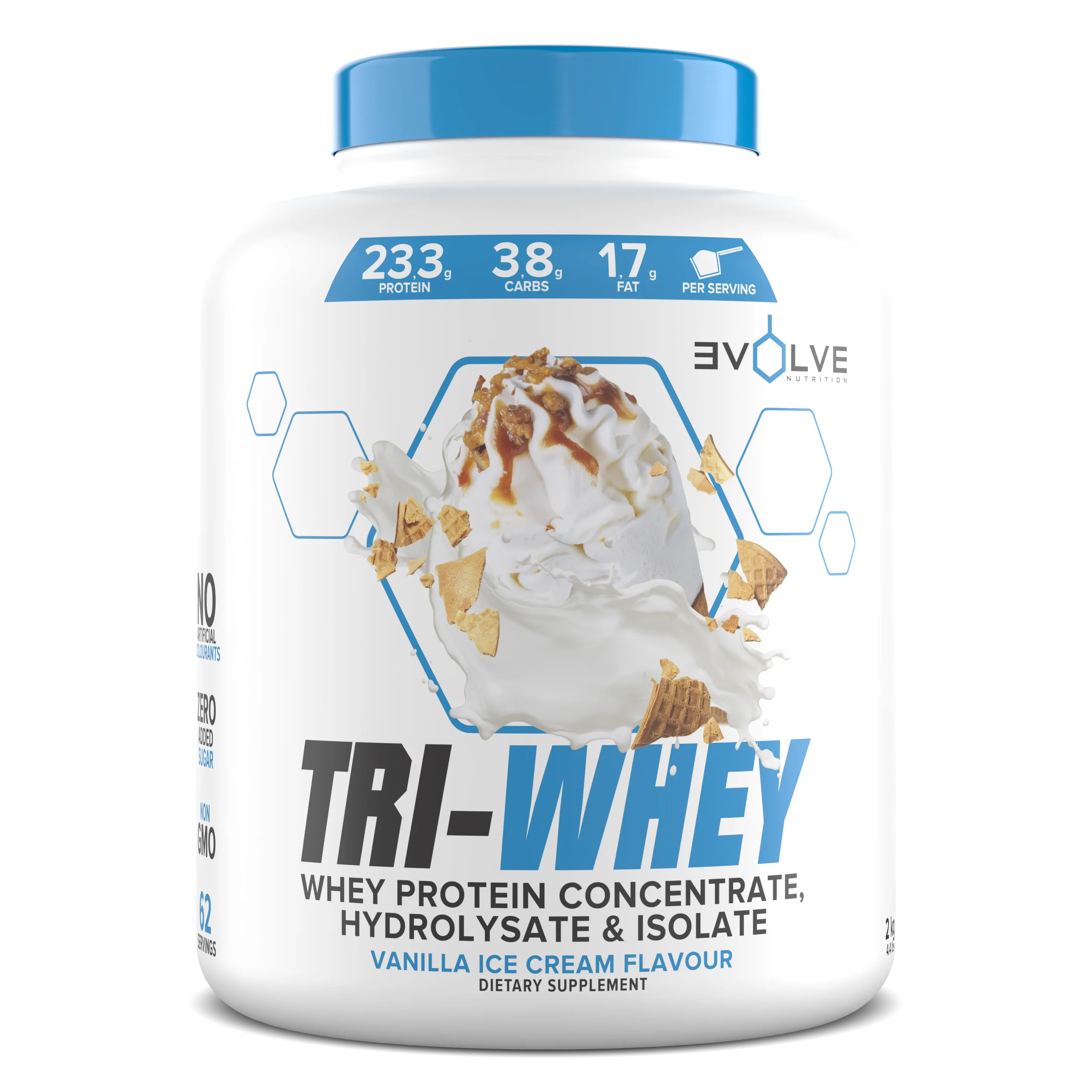 Tri-Whey protein supplement container with vanilla ice cream flavor on a white background Muscle Mecca