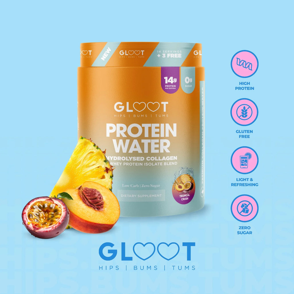 Gloot Protein Water packaging with peach and passion fruit on a blue background Muscle Mecca