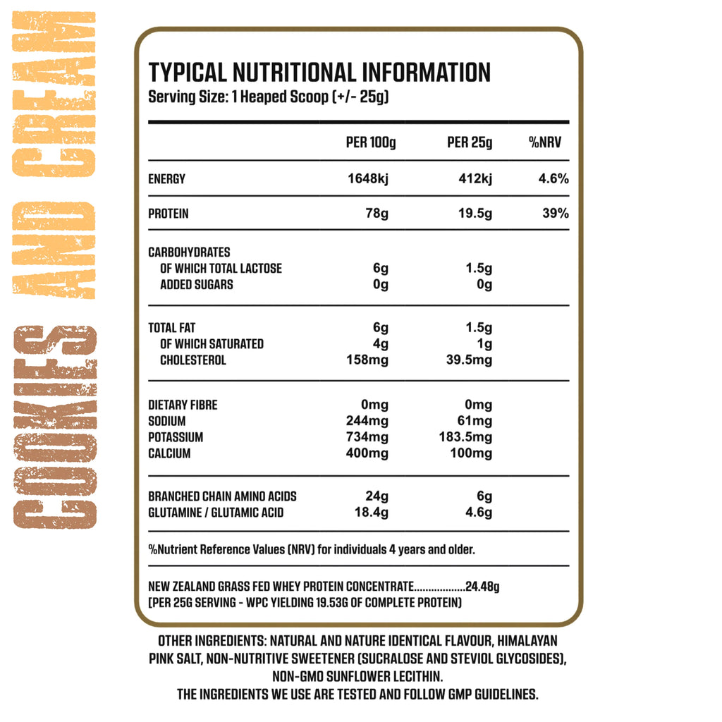 Nutritional information label for a protein product with 'Cookies and Cream' flavor. Muscle Mecca