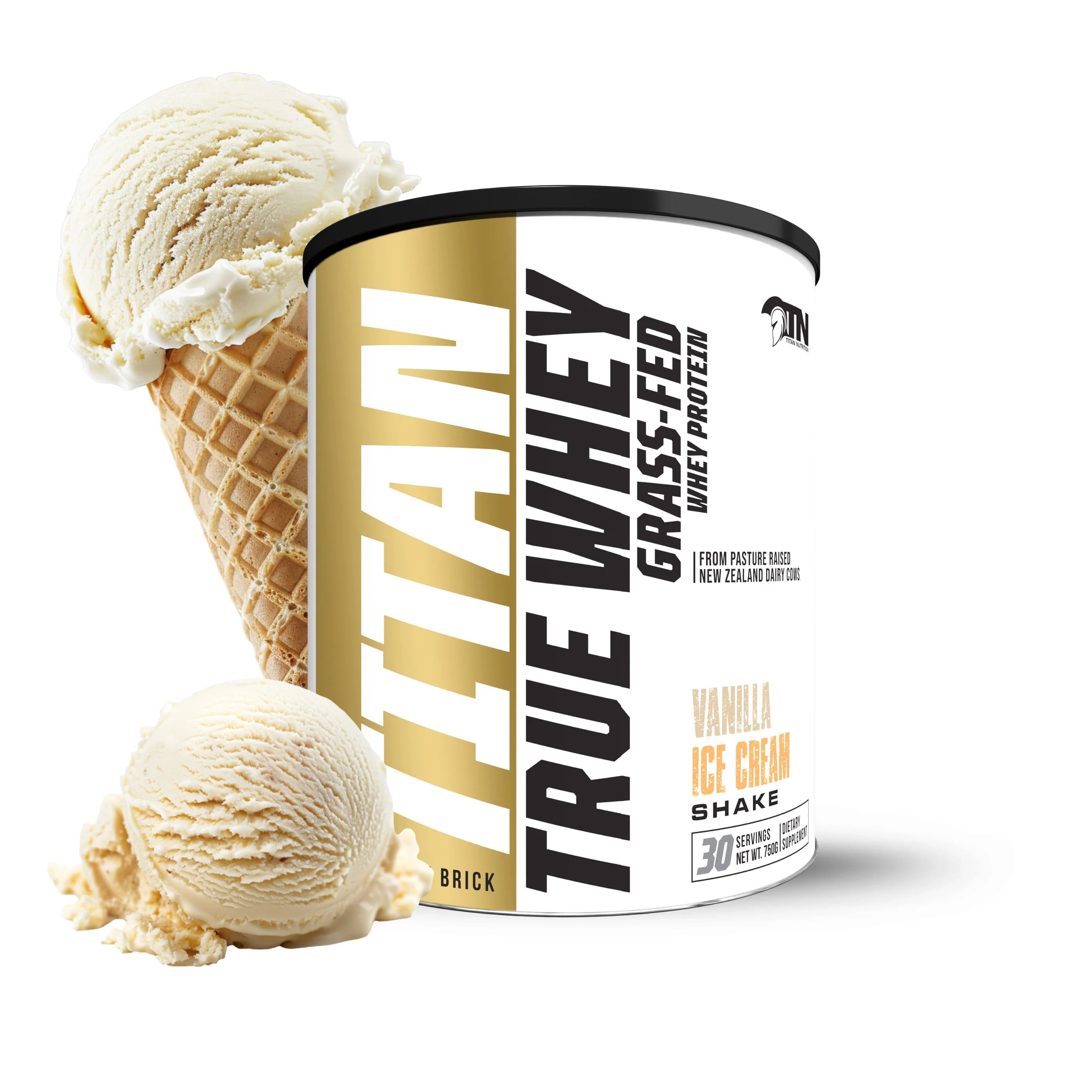 True Whey grass-fed protein container with vanilla ice cream and a cone on a white background Muscle Mecca