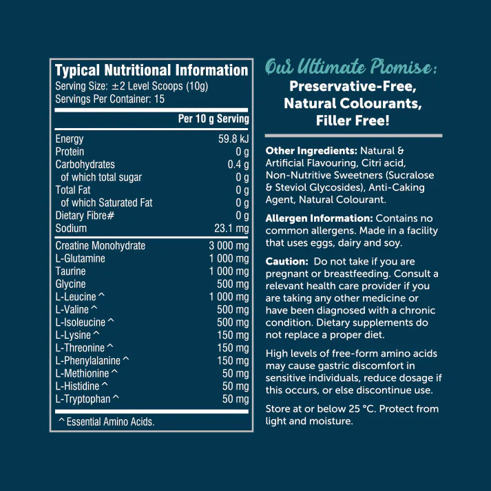 Nutritional information label with product details on a blue background