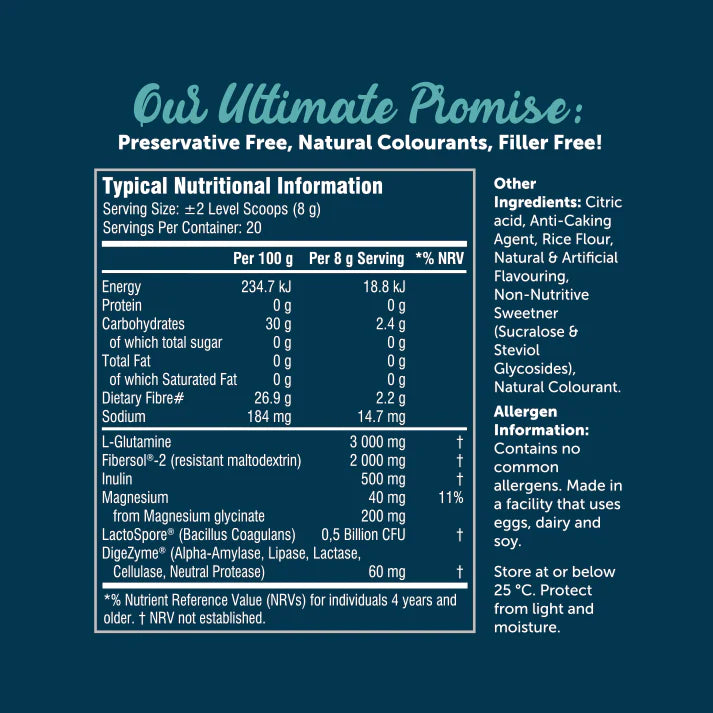 Nutritional information label with ingredients and allergen information on a blue background