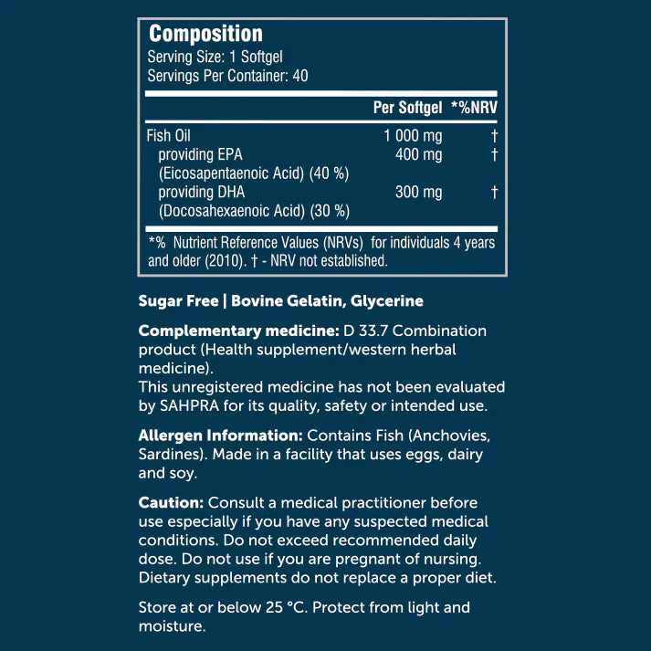 Nutritional label for a fish oil supplement on a dark blue background