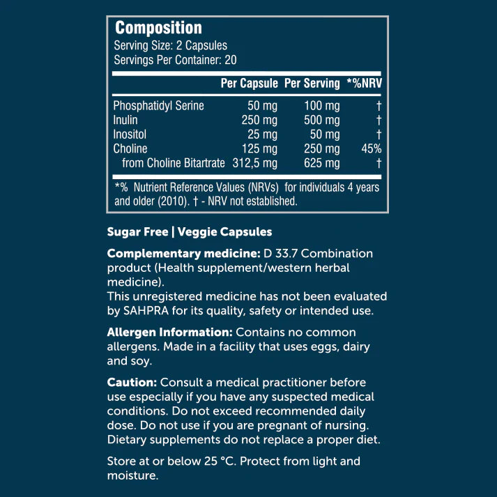 Nutritional label for a supplement with detailed ingredient information and usage instructions on a blue background.