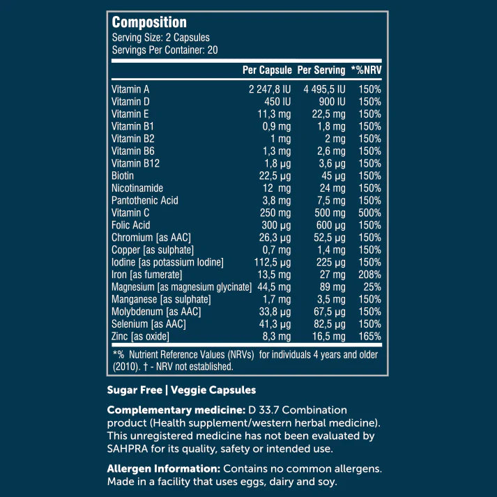 Nutritional information label for a supplement on a blue background