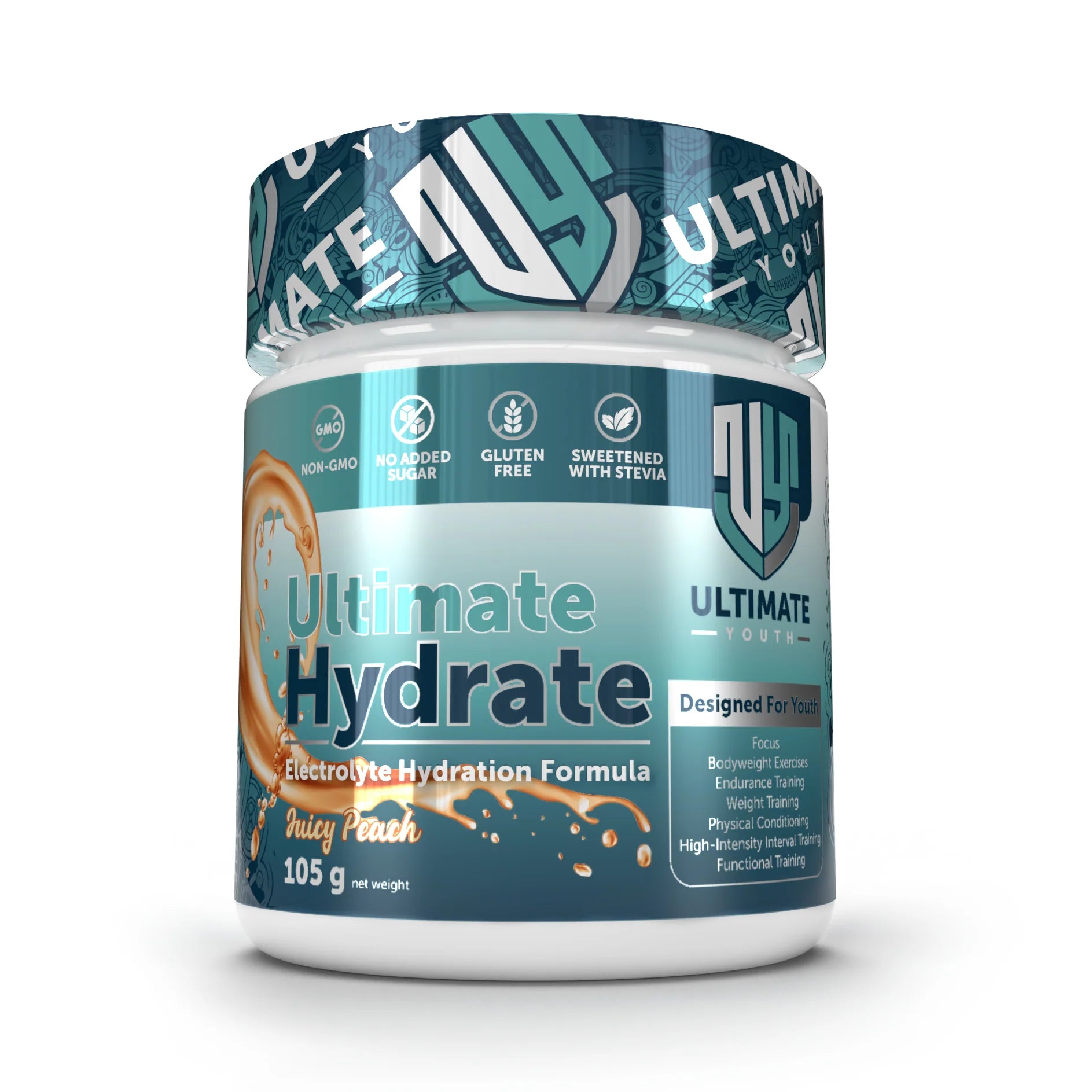Ultimate Hydrate electrolyte hydration formula container on a white background